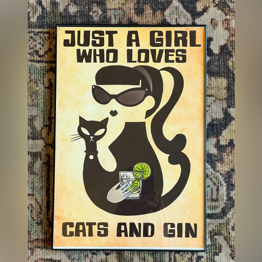 Justt a Girl Who Lovess Cats and Gin framed Retro MCM Print Art